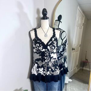 Linea Donatella y2k Black & White Floral Ruffle Trim Cami